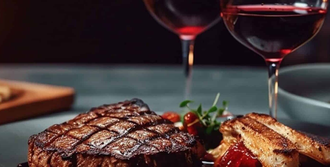 A grilled steak with vegetables and toast is served on a plate next to two glasses of red wine on a candle-lit table, perfect for festive dining.